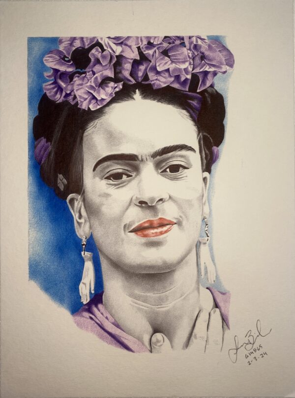 12 x9 inch ball point pen rendition of Frida Kahlo (1907-1954)