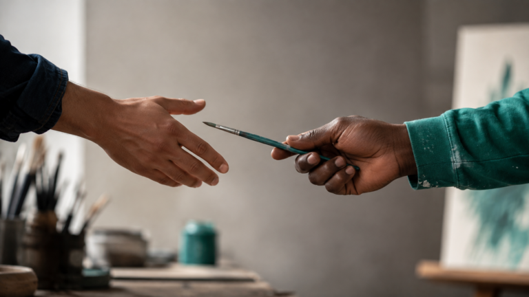 Hands exchanging paintbrush, symbolizing creative reentry partnerships