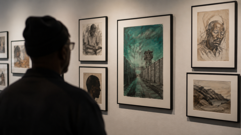 Visitor viewing prison arts exhibit featuring incarcerated and returning artists