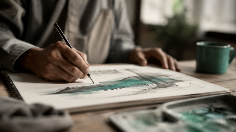 Artist sketching in notebook, illustrating reentry stigma and creative expression